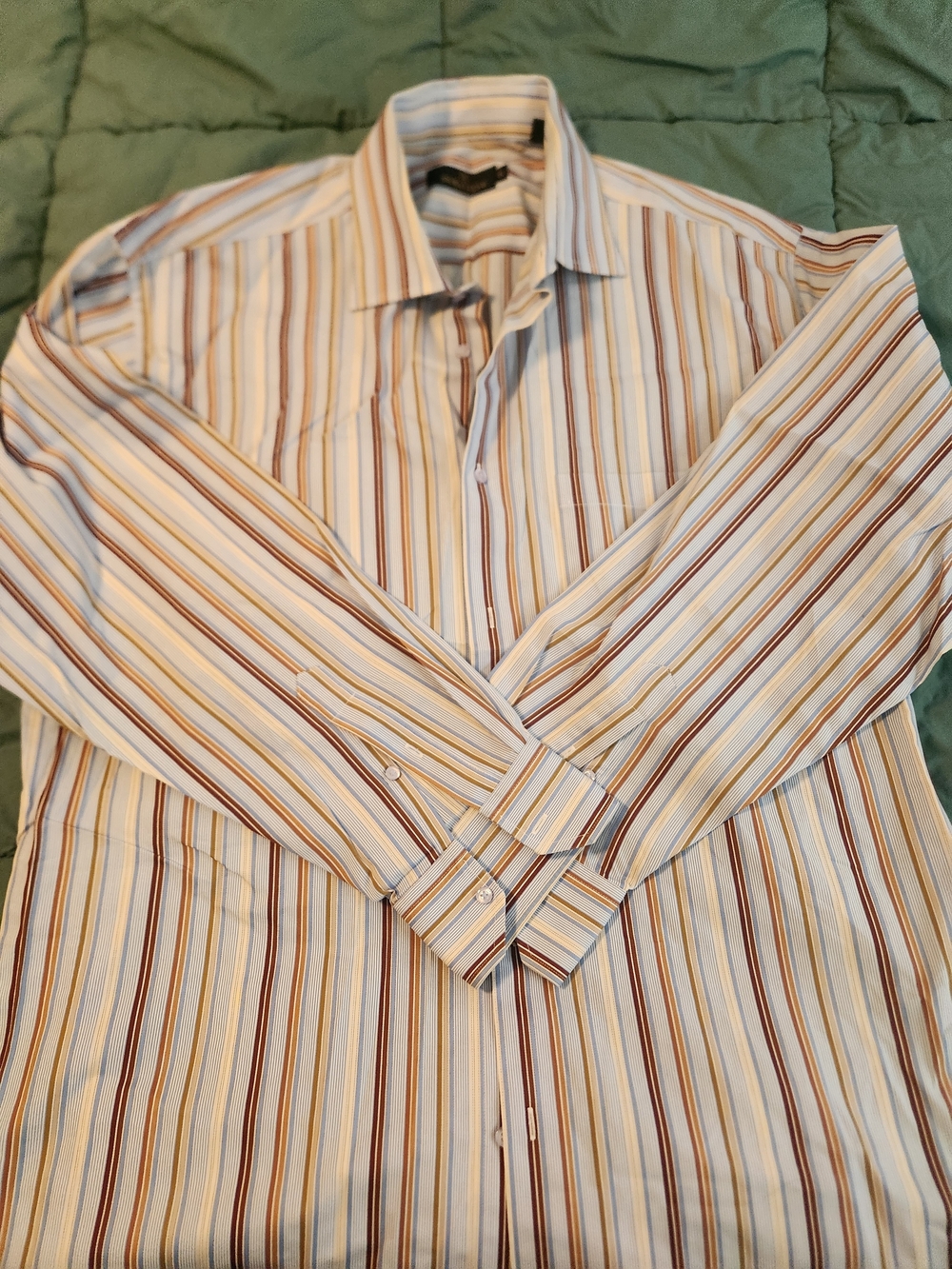 Bugatchi Men's White Dress Shirt with Brown & Blue Stripes